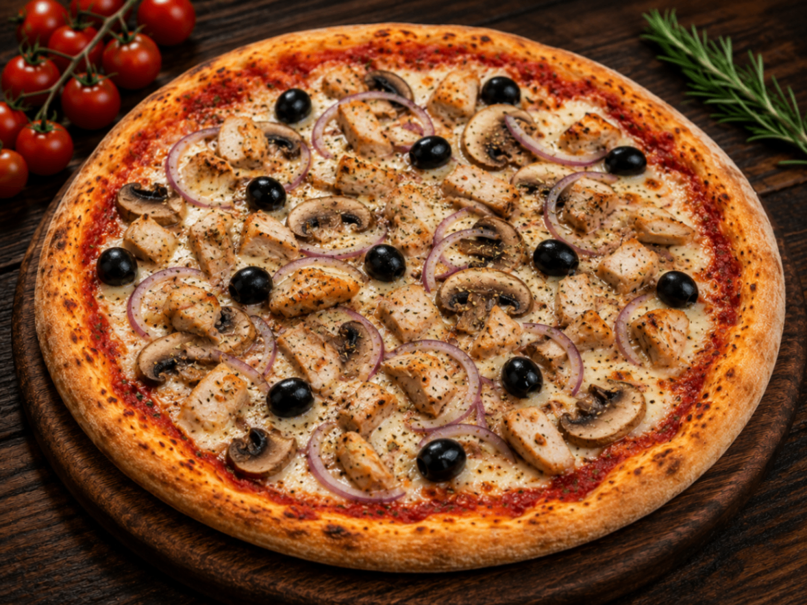 Melina — Tomate, fromage, poulet, champignon, oignon, origan, olives